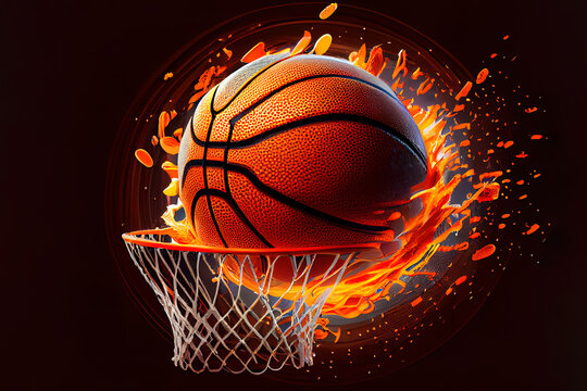 Original The orange basketball ball flies through the basket. Generative Ai