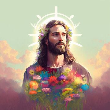 image of Jesus against the background of wild flowers, watercolor illustration, AI generation
