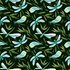 Blue dragonflies with bamboo leaves. Summer, gentle, light. Watercolor seamless pattern. For textiles, fabrics, wallpaper, paper, scrapbooking, print cover souvenirs clothing stickers interior.