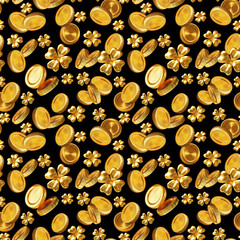 3d luck and wealth seamless pattern with golden clover and coin on black color background. 3d design of Patrick's Day illustration