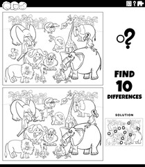 differences game with cartoon Safari animals coloring page
