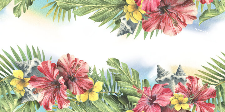 Tropical palm leaves with red hibiscus flowers and seashells. Watercolor illustration. Seamless border from the CUBA collection. For the design and design of invitations postcards, stickers, websites