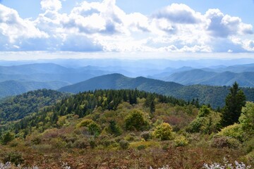 Fototapeta na wymiar Great Smoky Mountains, United States. Hills with trees, blue cloudy skies. 
