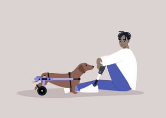 A young male African character with a prosthetic leg sitting on a floor, a sausage dog with a moving disability standing nearby