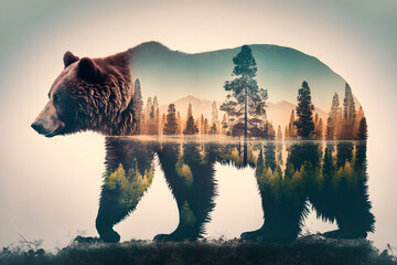 Double exposure of a bear and the forest - Generative AI © HeGraDe