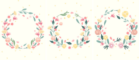 Bright cards with floral wreaths and space for text. Colorful flowers and hearts around. Minimalist compositions are ideal for invitations, postcards, banners, weddings. Vector illustration.