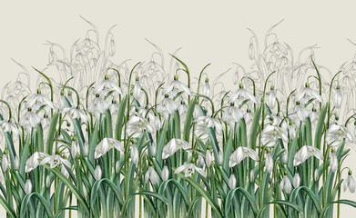 
light plain background on which flowers are painted snowdrops, art drawing, photo wallpaper