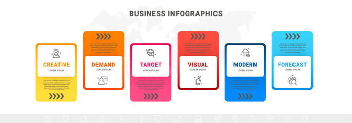 Infographic template with six steps. Vector rectangular graphic with arrows and place for text and icons, process, workflow, chart, and options on white background
