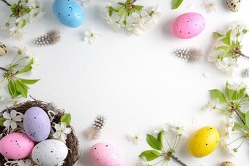 Easter holiday .Easter. Frame of spring flowers and beautiful Easter eggs .White wooden background