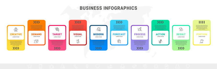 Infographic template with 10 steps. Vector rectangular graphic with arrows and place for text and icons, process, workflow, chart, and options on white background