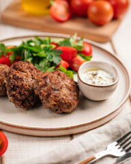 Portion of russian beef cutlets with sauce and salad