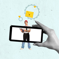 Young teen boy uses messenger on mobile phone. Social media, marketing concept. Marketer or blogger attracting customers, promotes business. Contemporary art collage
