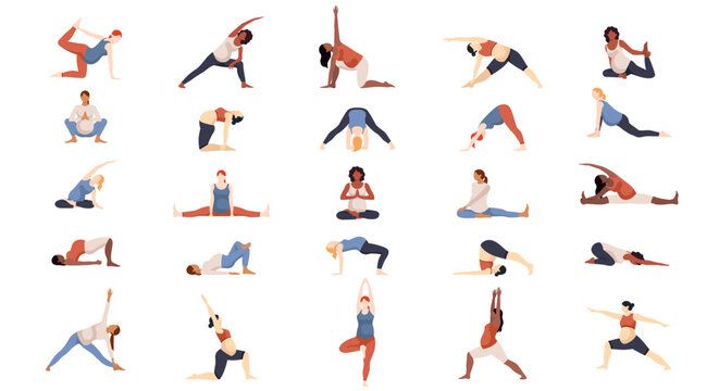 Yoga for pregnant, prenatal yoga poses big set. Diverse pregnant woman of different nations and complexion.	
