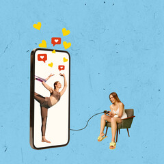 Young woman in gym doing stretching exercises in big modern smartphone as symbol. Phone sports and gum apps concept. Fitness at home. Contemporary art collage, design