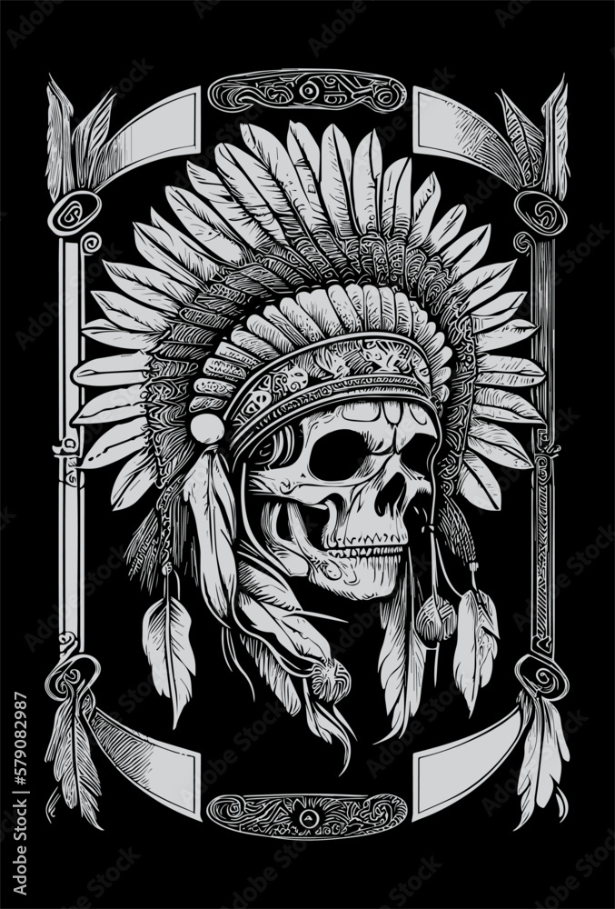 Wall mural indian skull black and white hand drawn illustration