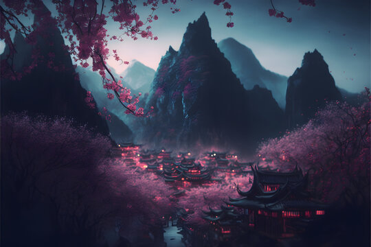AI Generative. Asian Traditional village in the spring, cheryy bloooming trees in the mountains, fantazy concept