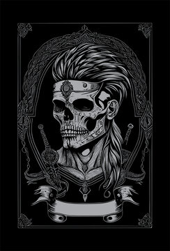 Indian skull logo black and white hand drawn illustration