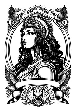 beautiful egyptian cleopatra symbol black and white hand drawn logo illustration 