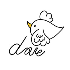 Cute simple doodle bird in flight. Sloppy inscription Love. Lettering and clipart for spring design