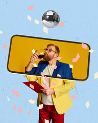 Online party, birthday, meeting friends. Communication via video chat using an app on their...