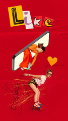 Skate as hobby and roller skates from mobile phone and young woman or girl. Smartphone with skating games app. Mobile sports stream championship. Contemporary color art collage or design