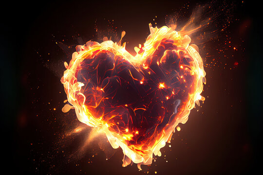 Heart shaped sparks floating and with flames. Generative Ai