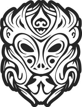Vector sketch of a Polynesian mask tattoo featuring black and white colors