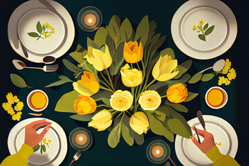 Awesome A Hands arranging yellow tulips at easter dining table. Generative Ai