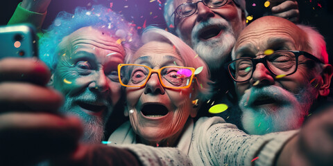Obraz premium happiness lifestyle and friendship concepts with group old person celebration and taking selfie in night party.healthy and mindset.enjoyment with life.generative ai technology