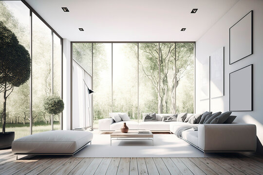 The sun shines into the bright living room, and there are grass and trees outside the window. AI technology generated image