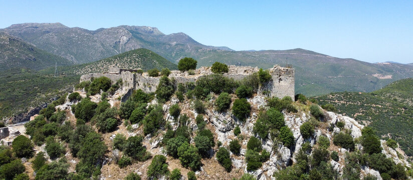 Castle on top of the mountain: Karitena Castle in historic town of Karitena on Peloponnes in Greece. Small village in the Highlands of Arcadia