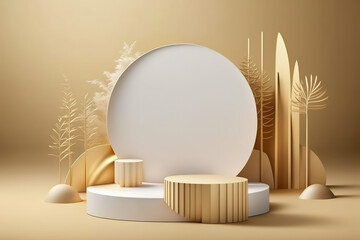 3D background, podium display, natural, beige and gold banner backdrop with light and shadow, product promotion beauty cosmetic	
