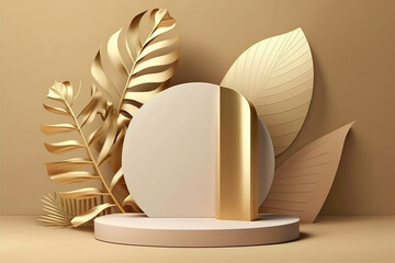 3D background, podium display, natural, beige and gold banner backdrop with light and shadow, product promotion beauty cosmetic	