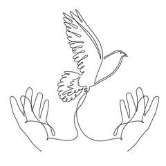 Hands with dove of peace, one line art continuous contour. Hand drawn palm with pigeon,doodle hope bird sign of freedom and independence.Editable stroke.Isolated.Vector illustration