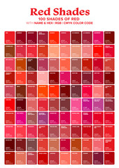 Red Tone Color Shade Background with Code and Name Illustration. Red swatches color pallete.Vector Illustrations.