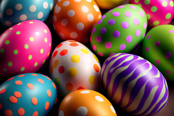 Fototapeta na wymiar High angle close up of brightly colored Easter eggs. Generative Ai