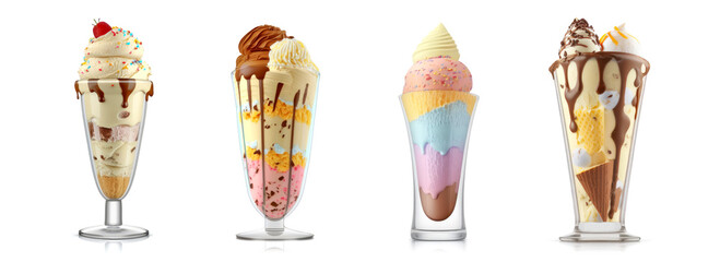 Ice cream in a tall glass isolated on white background. Generative AI