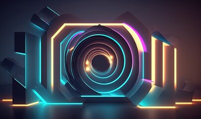  a futuristic abstract background with neon lights and a circular shape in the center of the image, with a black background and a dark background.  generative ai