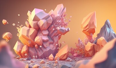  a computer generated image of a rock formation with rocks in the foreground and a yellow sky in the background with a few small clouds.  generative ai