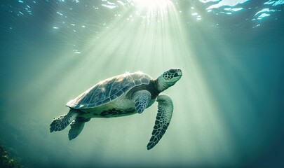  a green turtle swimming in the ocean with sunlight streaming through the water's backgrouds and the sun shining down on its backgroung.  generative ai