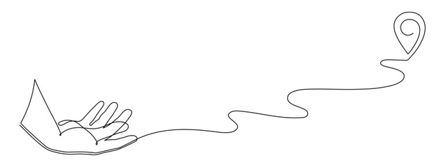 Hand points location at map one line art,hand drawn continuous contour,trendy palm template direction, gps navigation concept.Editable stroke.Isolated.Vector illustration