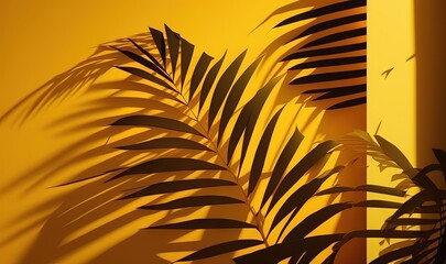  a shadow of a palm tree leaves on a yellow wall with a shadow of a palm tree leaves on a yellow wall with a shadow of a palm tree.  generative ai