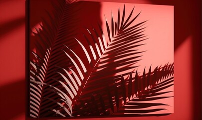  a shadow of a palm leaf on a red wall with a red wall in the background and a red wall in the foreground with the shadow of a palm leaf.  generative ai