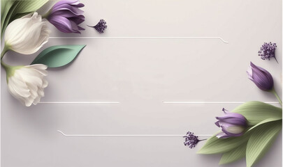  a white and purple flower with green leaves on a gray background with a white frame for the words pramary in the center of the picture.  generative ai