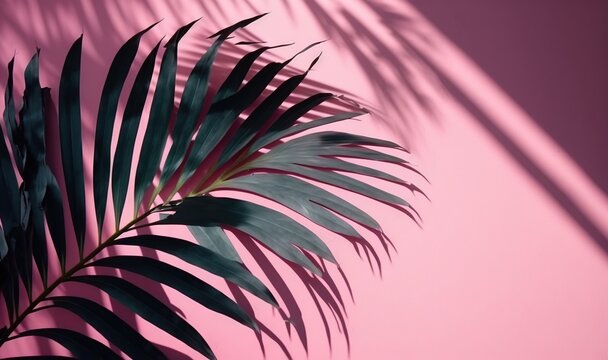  a palm leaf casts a shadow on a pink background with a pink wall in the backround of the image is a palm leaf.  generative ai