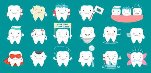 Set of cartoon teeth. tartar, broken tooth, tooth looks in the mirror. Vector elements