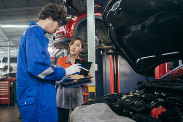 Mechanic worker checking car repair checklist on digital tablet and explaining damage part to female office employee at auto repair shop. After service and transportation career