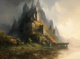 landscape oil painting of lake with medieval fantasy fortress in the mountains, generative art