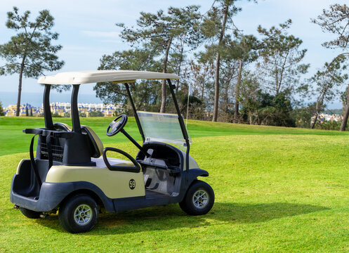 Carrito de golf blanco parado en medio del campo de golf.