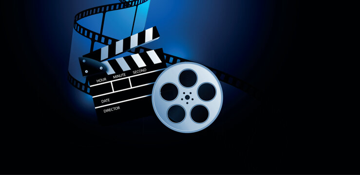 bobina cinema con pellicola, spettacolo, film, su sfondo blu	
